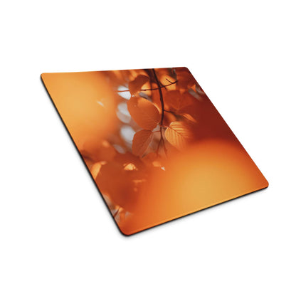 Autumn Orange Aura square gaming mouse pad with soft-focus fall leaves