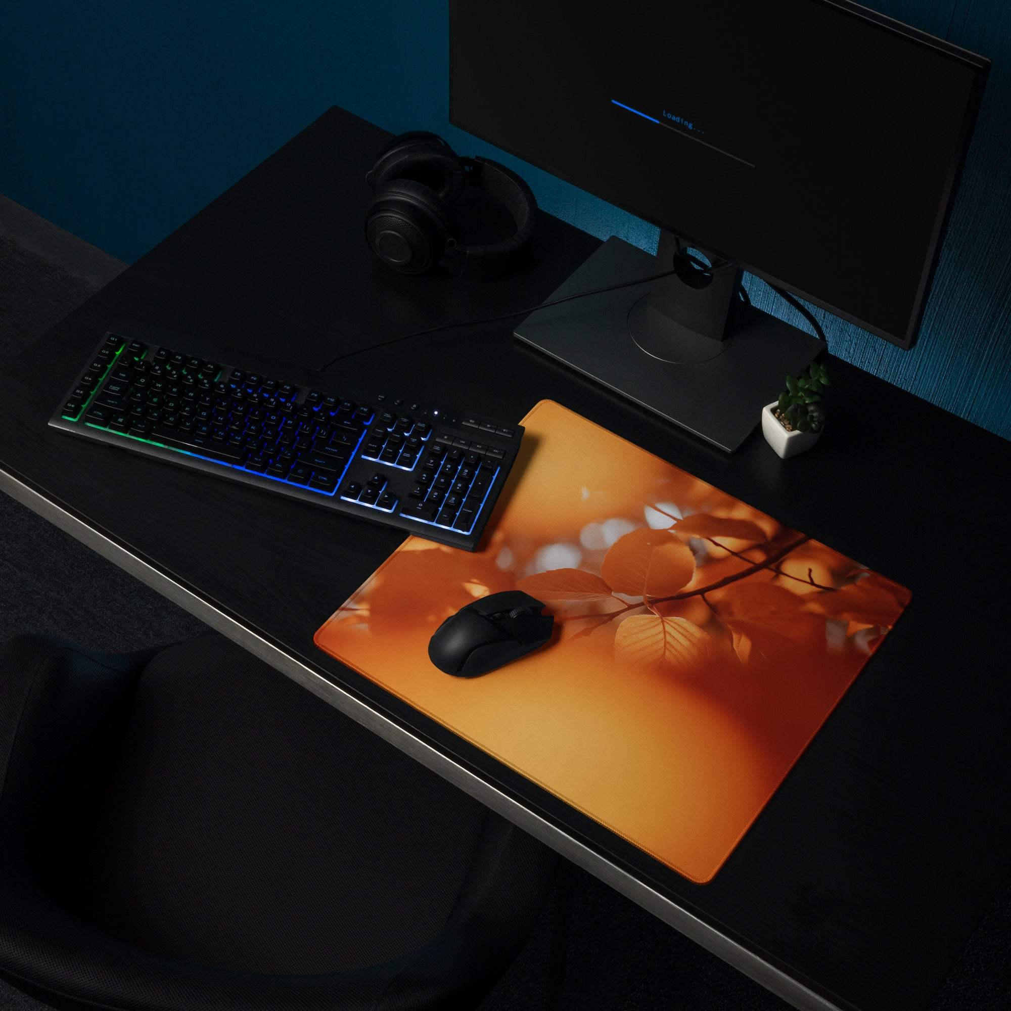 Autumn Orange Aura large gaming mouse pad with orange leaves design
