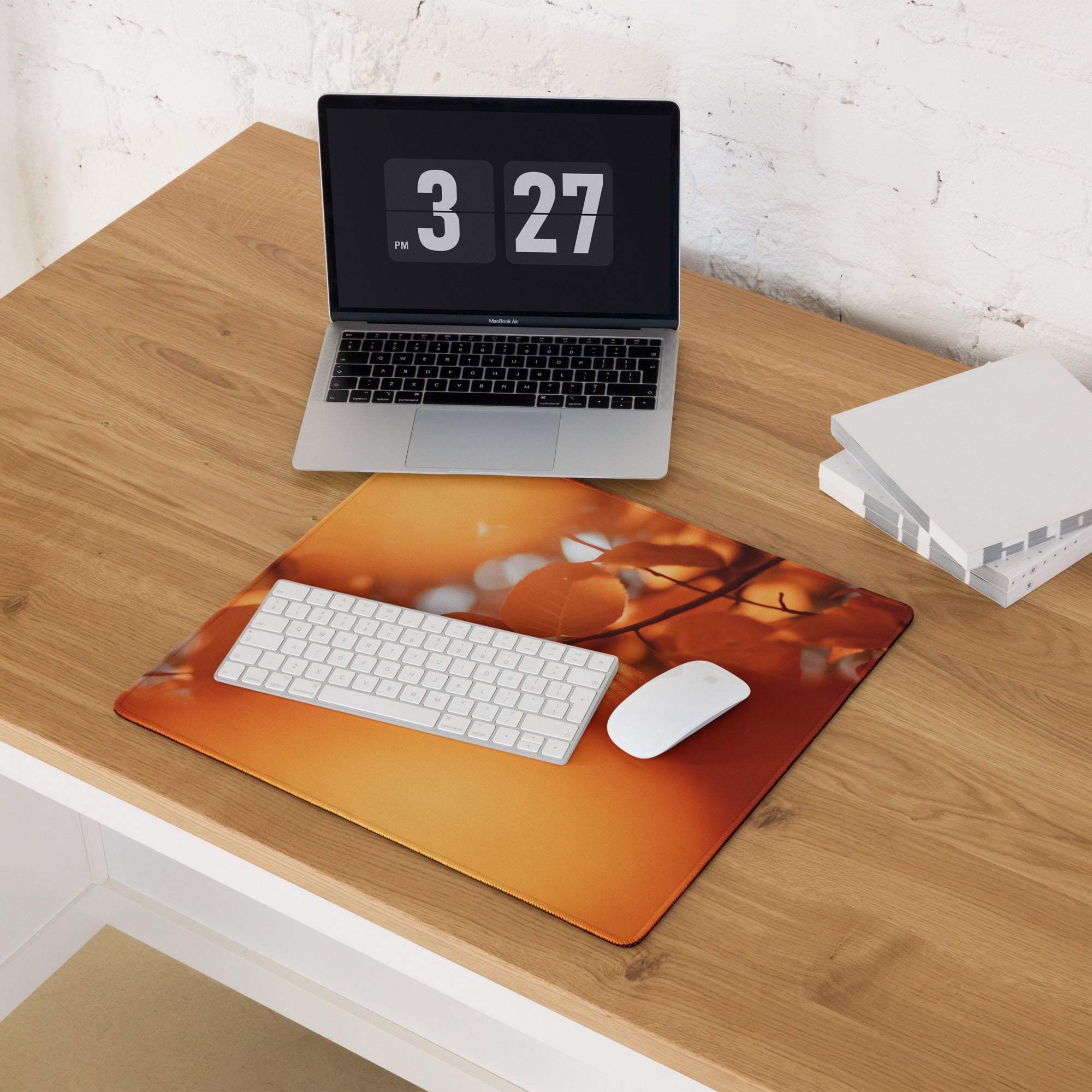 Autumn orange aura large gaming mousepad with printed leaves and branches
