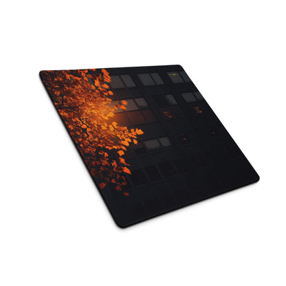Large moody autumn leaves over urban windows gaming mouse pad, non-slip backing