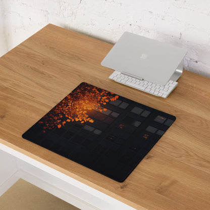 Black rectangular mousepad with vibrant orange red autumn leaves over urban windows, non-slip backing