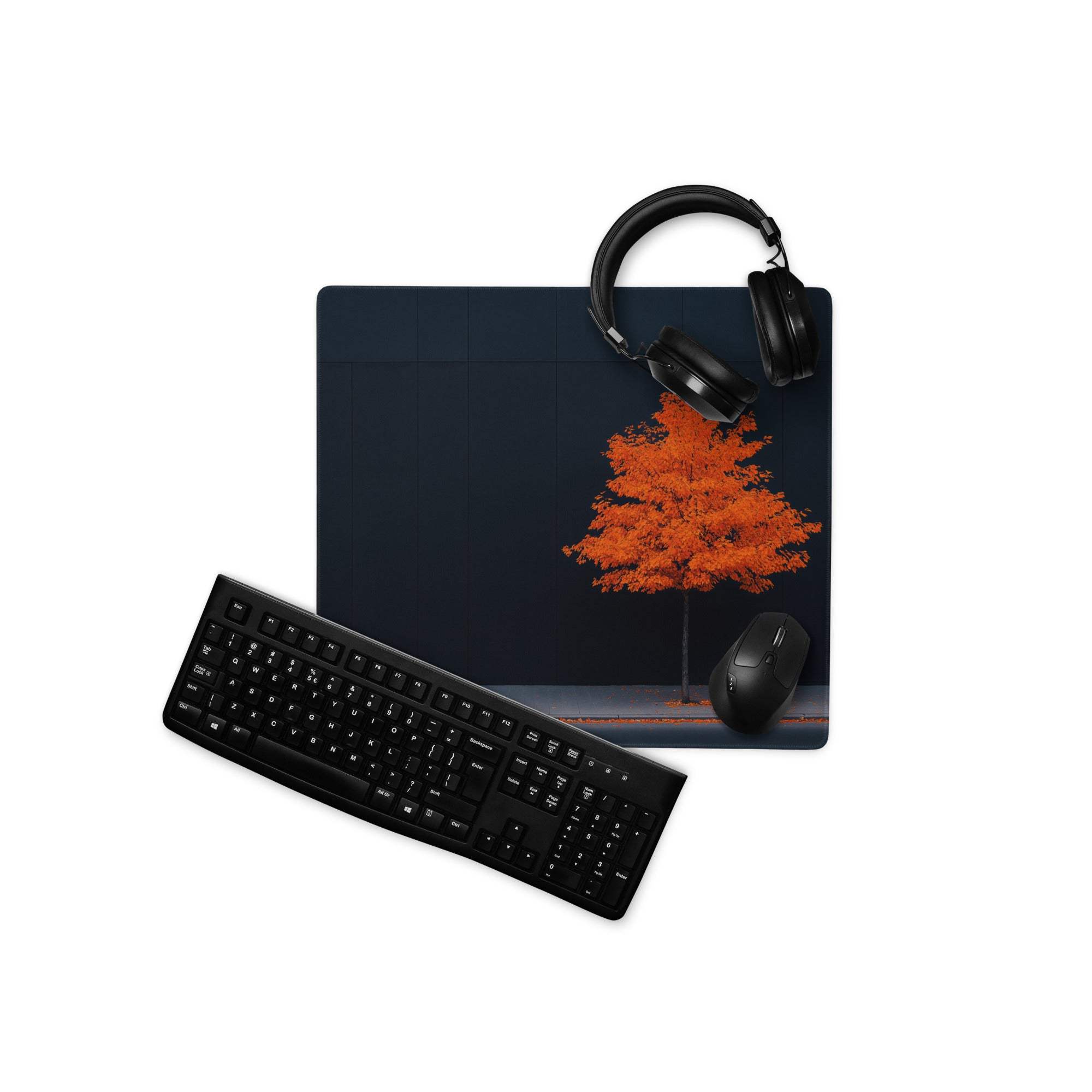 Artistic autumn orange tree gaming mouse pad with headphones and keyboard