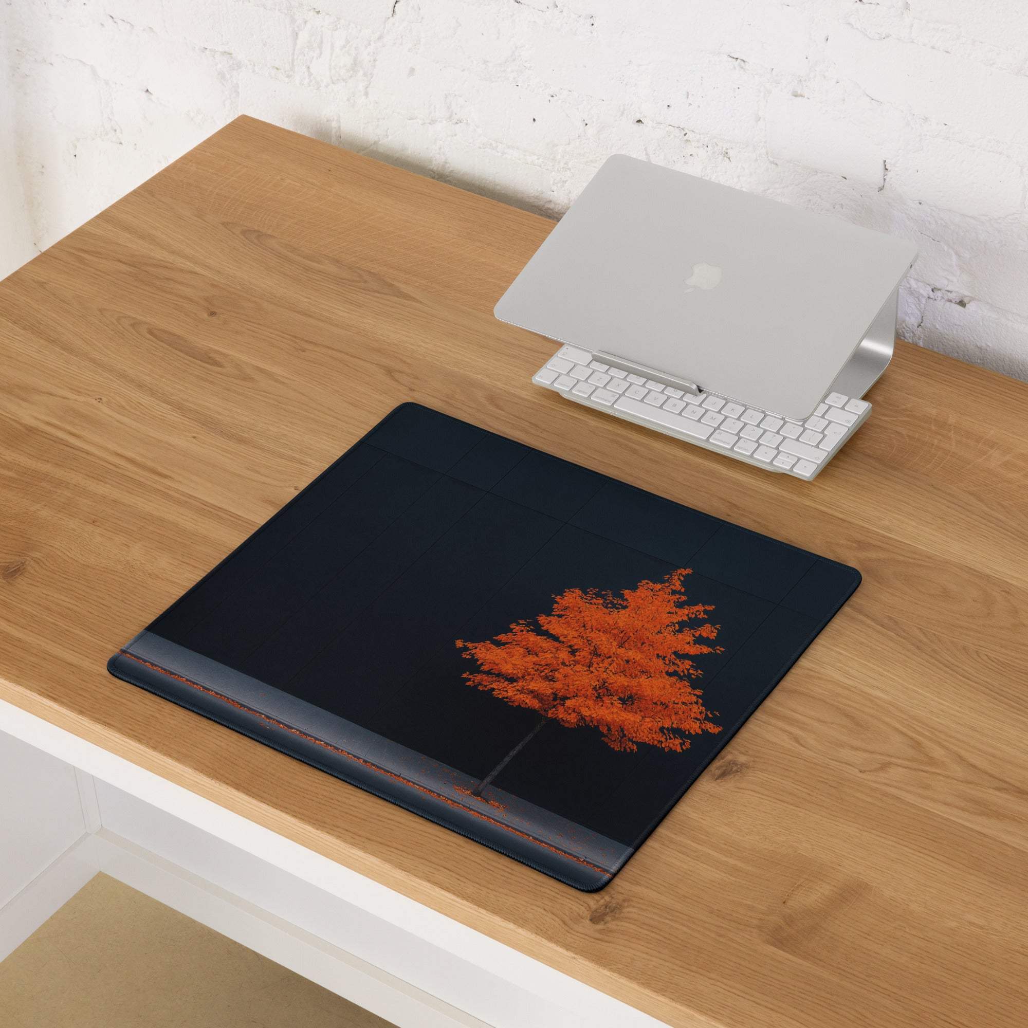 Artistic autumn orange tree on black non-slip gaming mouse pad with red stitching