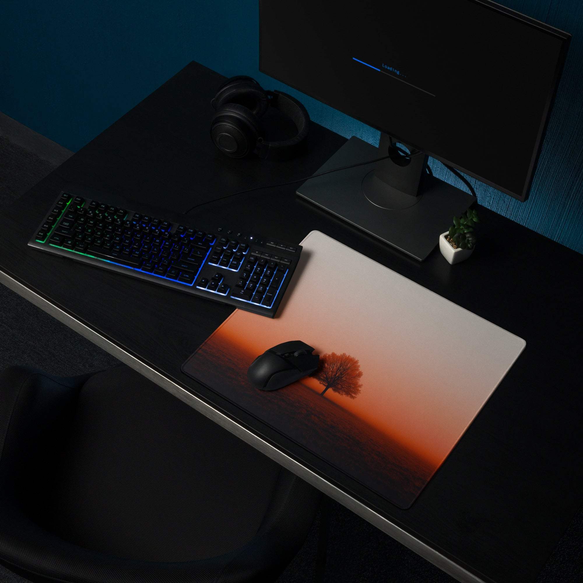 Sunset tree landscape large gaming mouse pad with non-slip base on dark desk