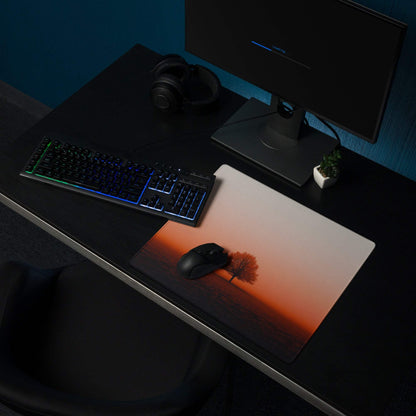 Sunset tree landscape large gaming mouse pad with non-slip base on dark desk