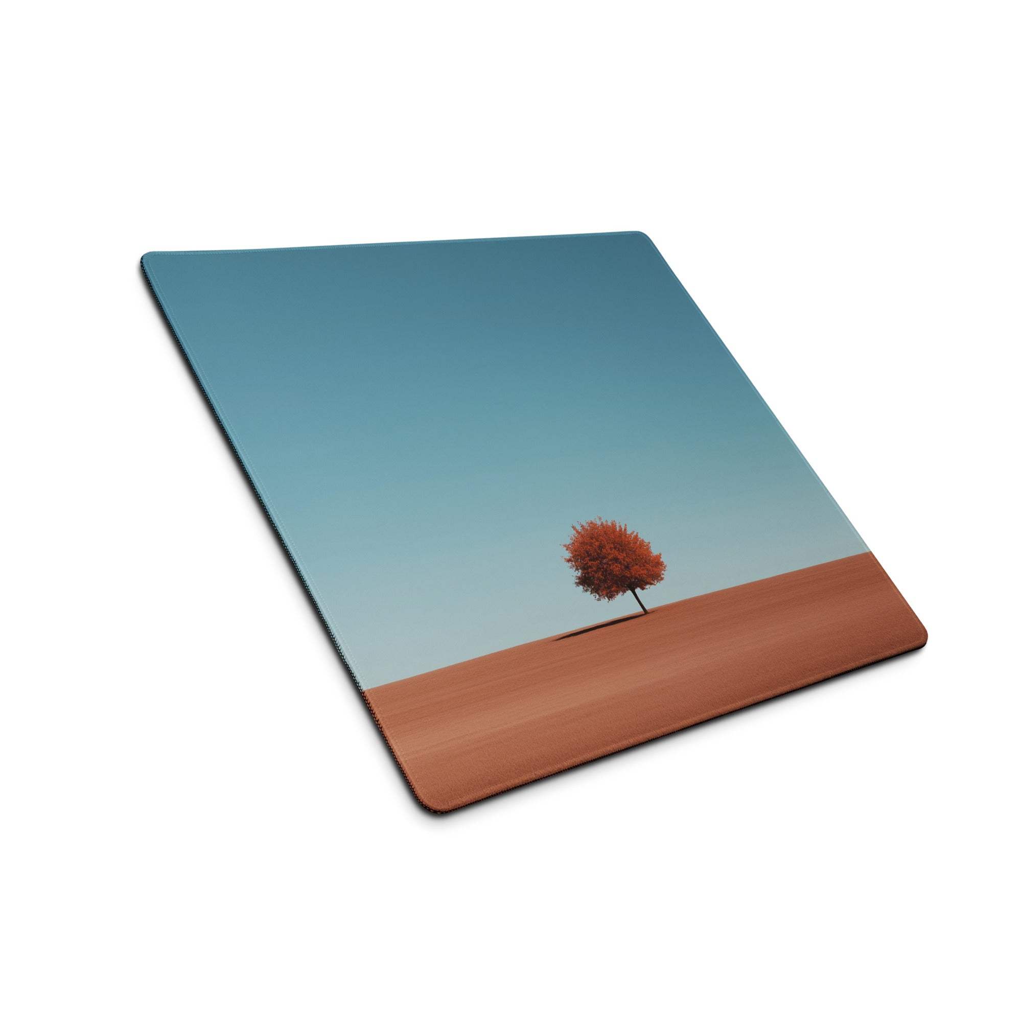 Minimalist desert landscape mouse pad with orange tree, blue sky, non-slip backing