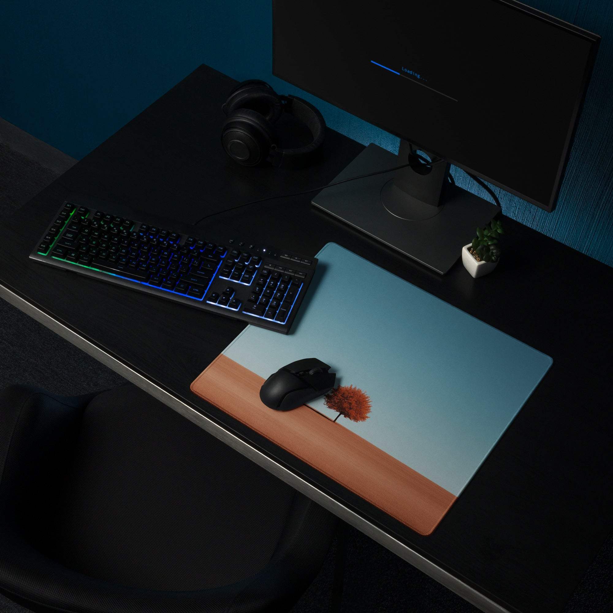 Minimalist desert landscape gaming mouse pad with red leaf tree and blue sky