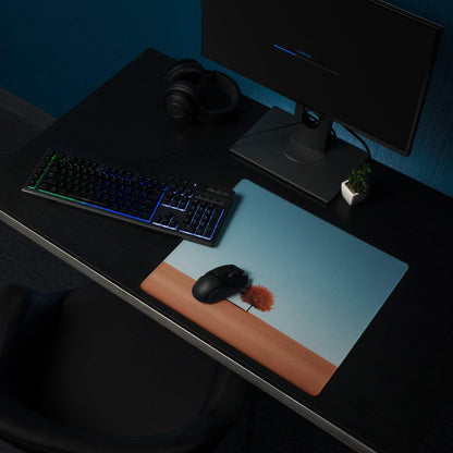 Minimalist desert landscape gaming mouse pad with red leaf tree and blue sky