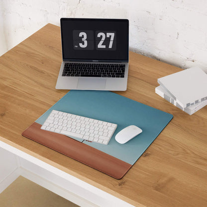 Blue brown two-tone ergonomic keyboard mat wrist rest on minimalist desert gaming mouse pad