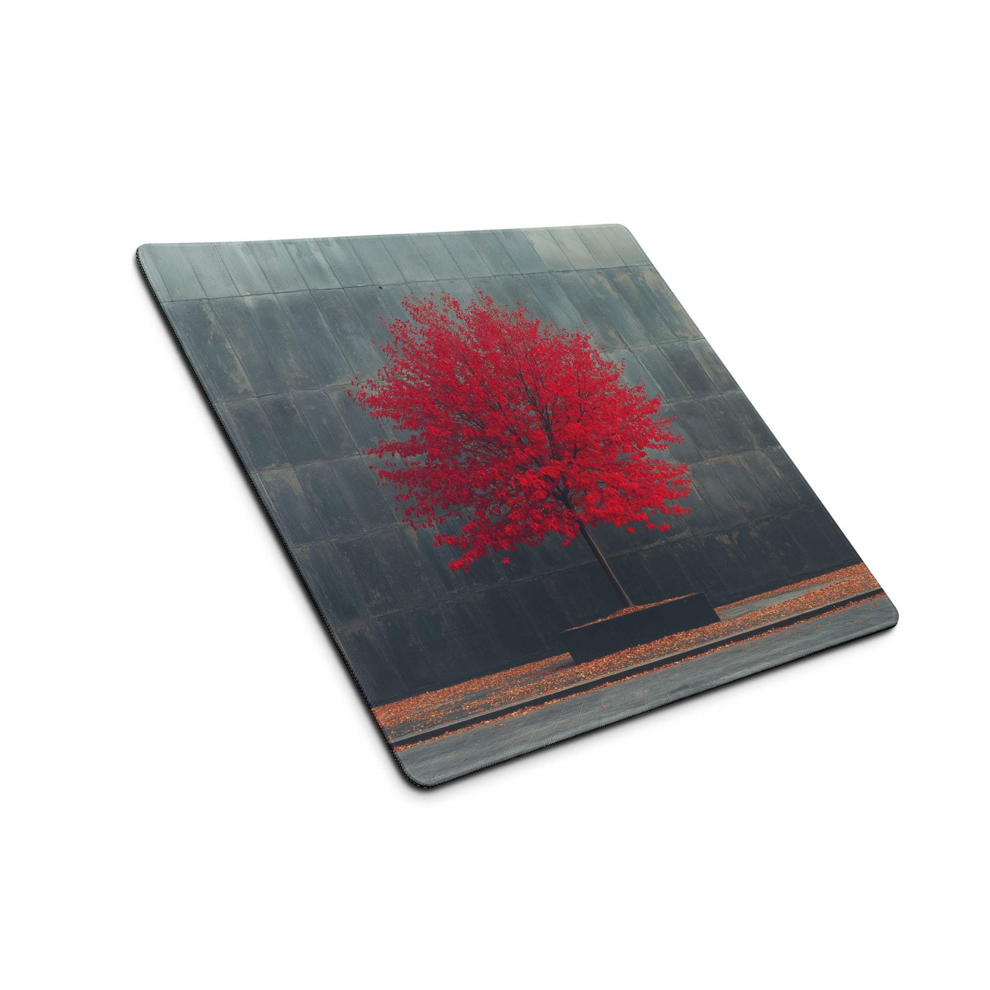 Square red tree coaster on dark gray stone wall, artistic gaming mouse pad