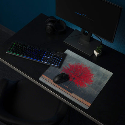 Artistic red tree gaming mouse pad on gray brick background