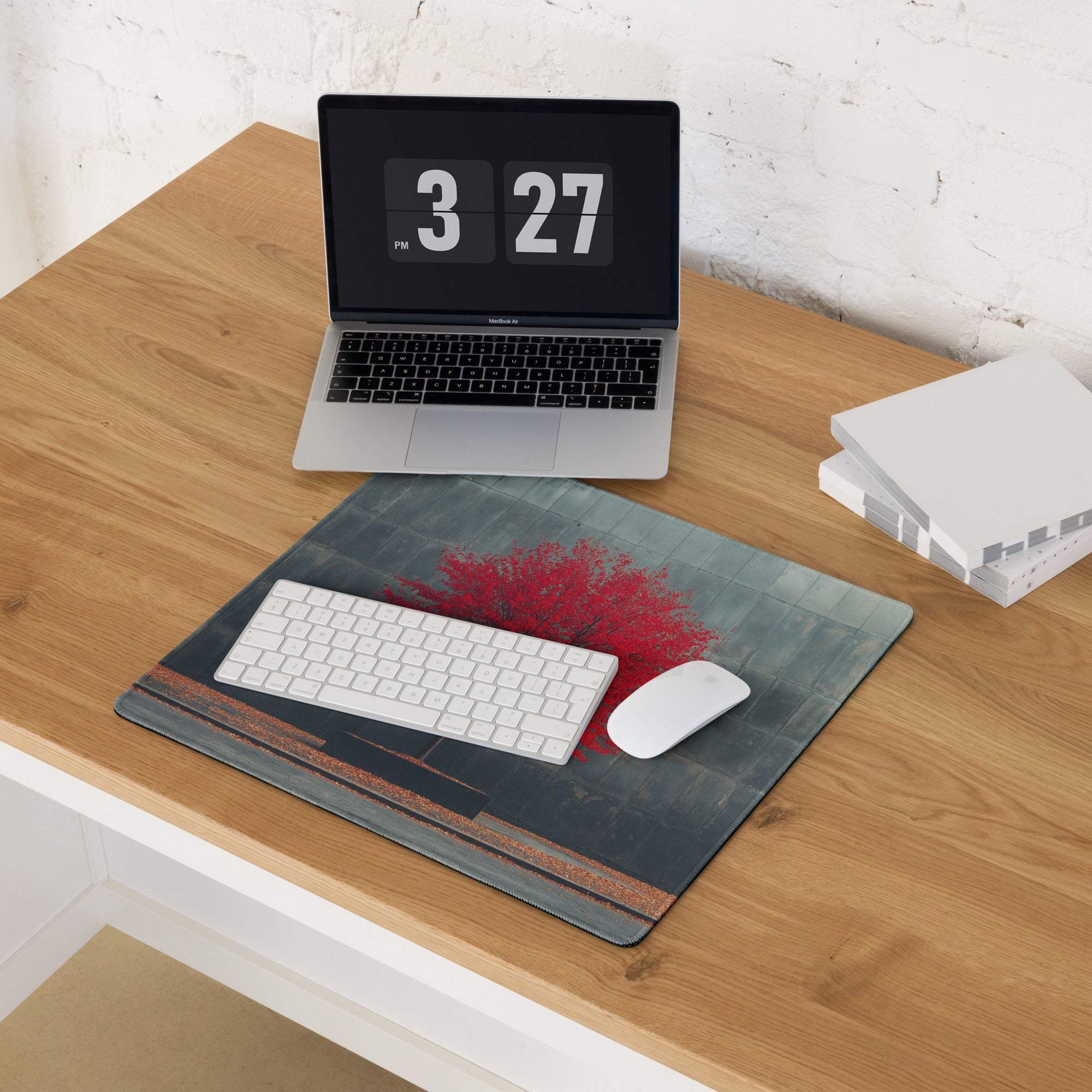 Artistic red tree on dark slate gaming mouse pad with gray textured surface