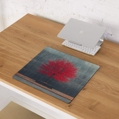 Artistic red tree on dark slate brick gaming mouse pad