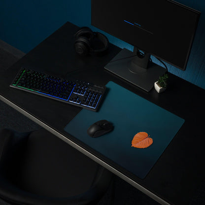 Orange leaf-shaped professional large gaming mouse pad in deep ocean blue