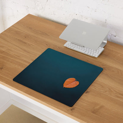 Dark teal large gaming mousepad with orange leaf design