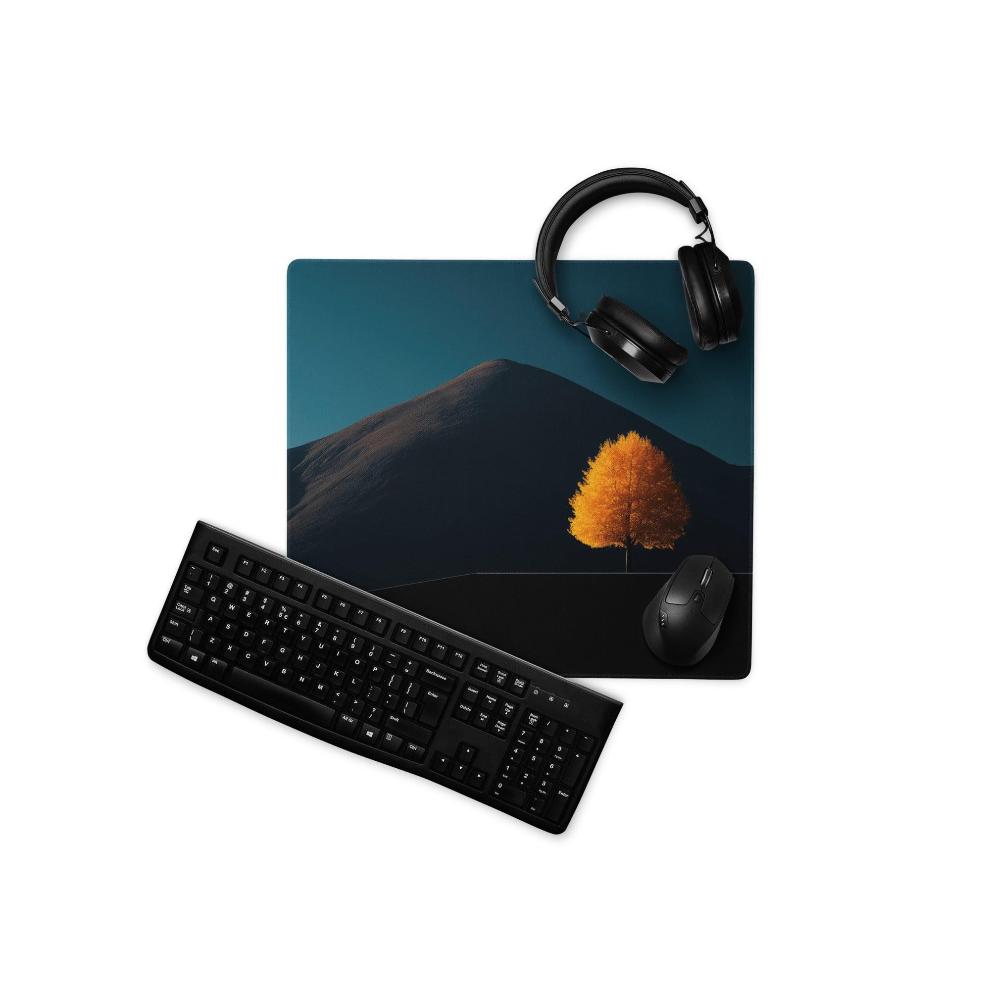 Black matte keyboard on Epic Mountain Landscape gaming mouse pad