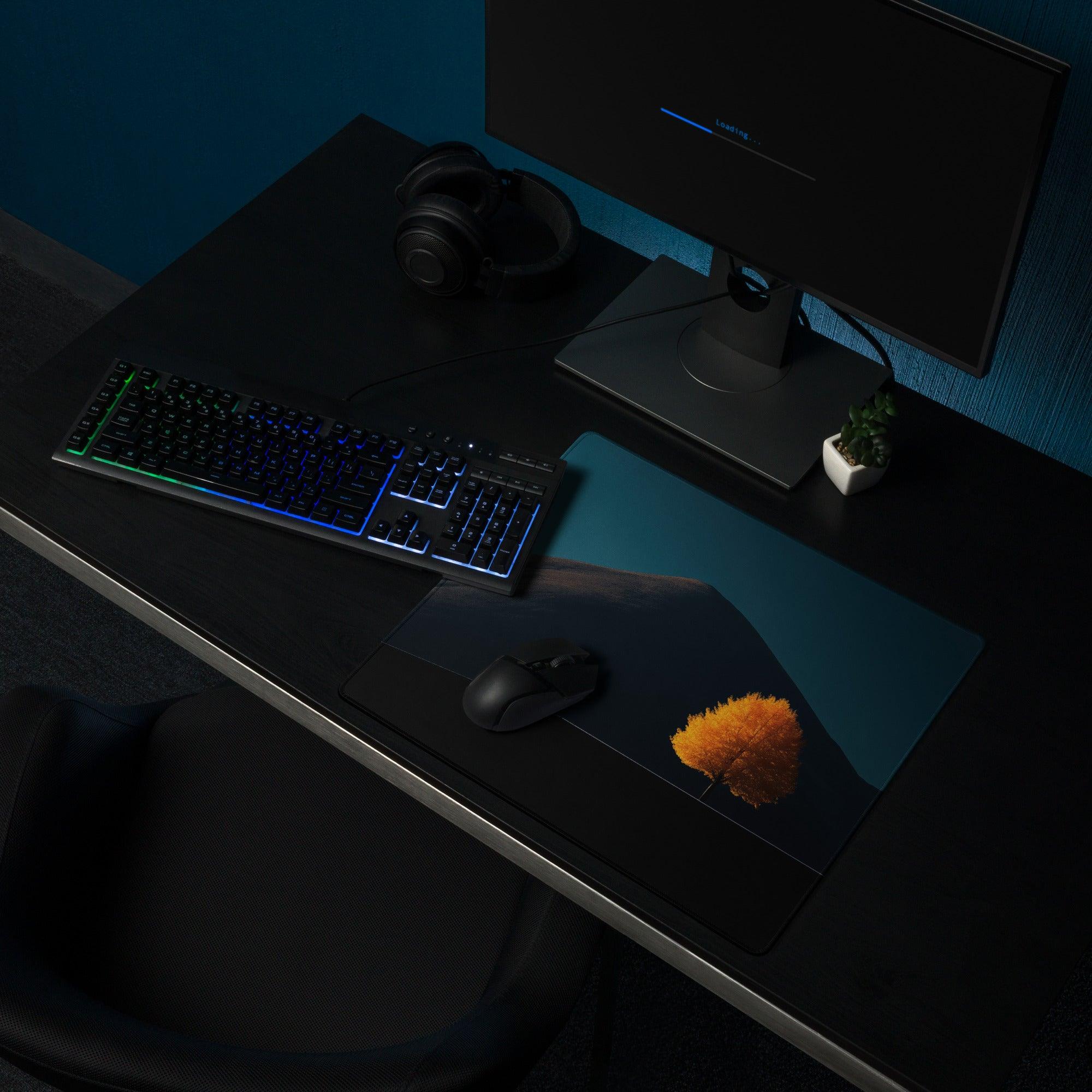 Epic Mountain Landscape with Orange Tree gaming mouse pad, dark blue gradient