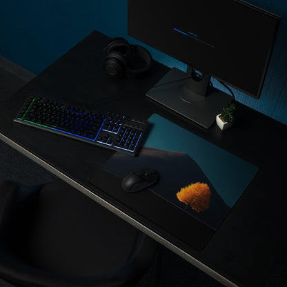 Epic Mountain Landscape with Orange Tree gaming mouse pad, dark blue gradient