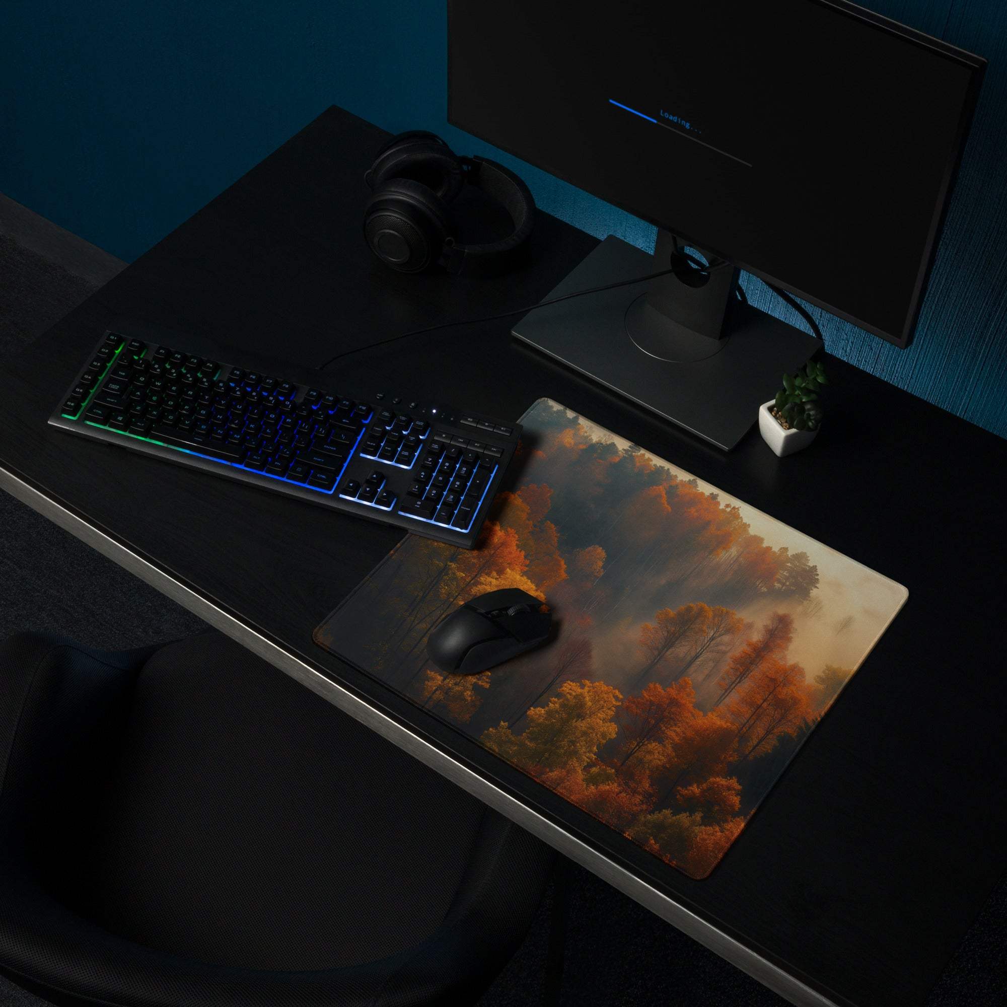 Premium Autumn Forest gaming mouse pad with vivid orange trees and golden sky