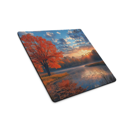 Autumn sunset landscape gaming mouse pad with orange tree and reflective water
