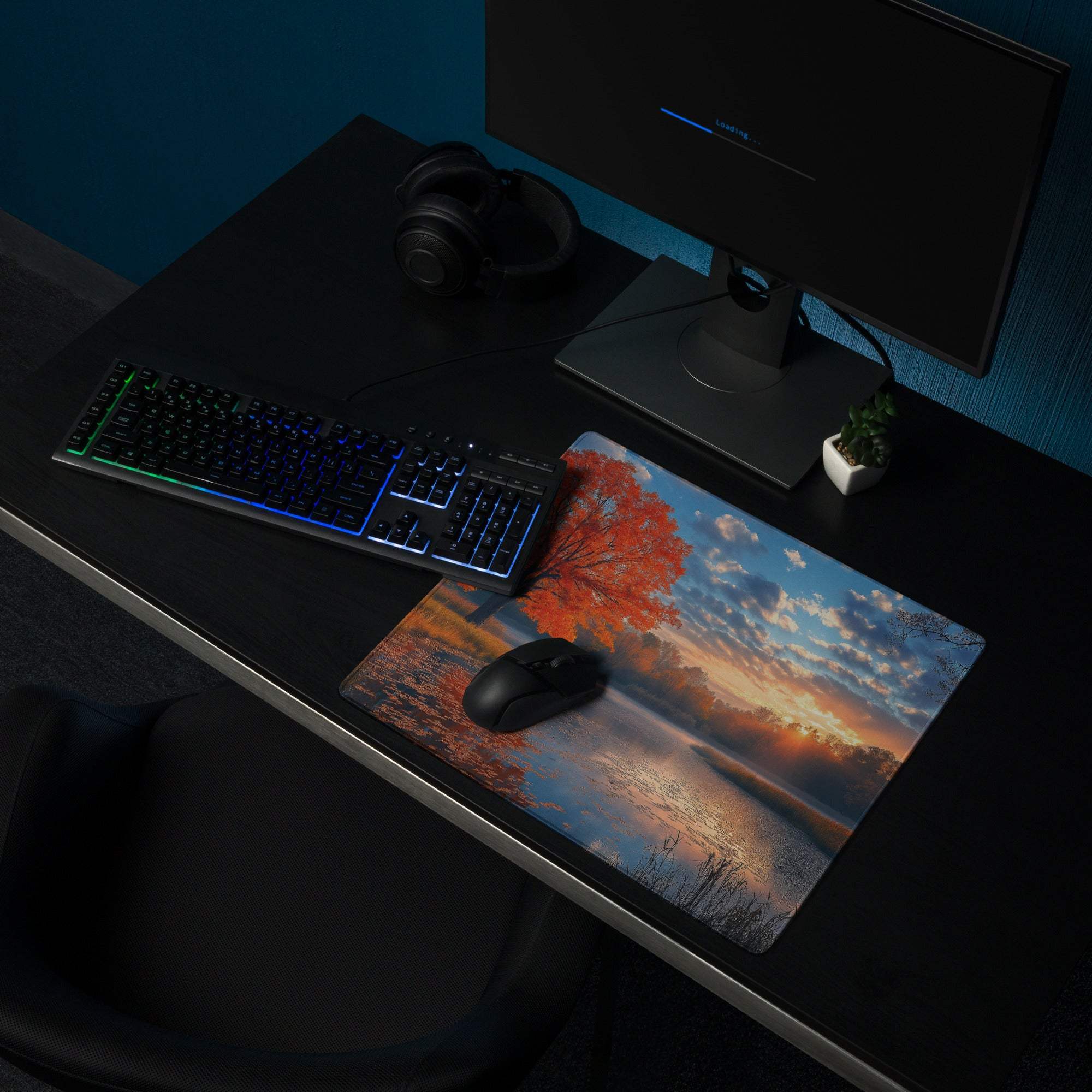 Autumn sunset gaming mouse pad with orange tree, water reflection, non-slip base
