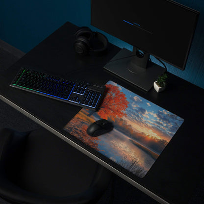 Autumn sunset gaming mouse pad with orange tree, water reflection, non-slip base