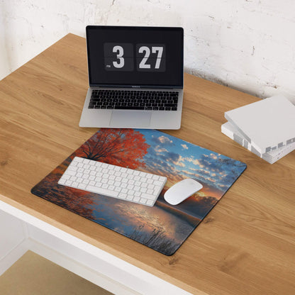Large Autumn Sunset Landscape Gaming Mouse Pad with fiery red orange trees, blue sky, water reflection, non-slip base, edge stitching