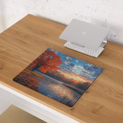 Autumn sunset landscape gaming mouse pad with orange tree reflection
