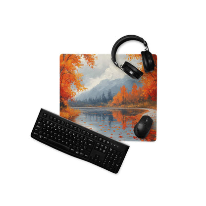 Oil painted autumn forest gaming mouse pad with lake, trees, mountains