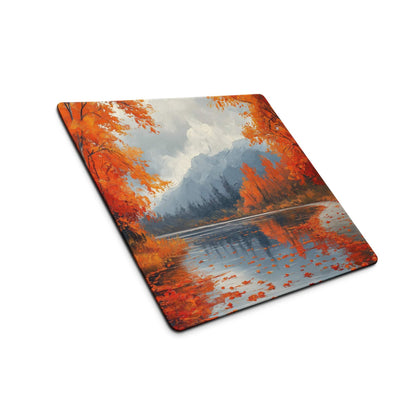 Oil painted autumn forest mouse pad with orange trees, misty mountains, reflective water
