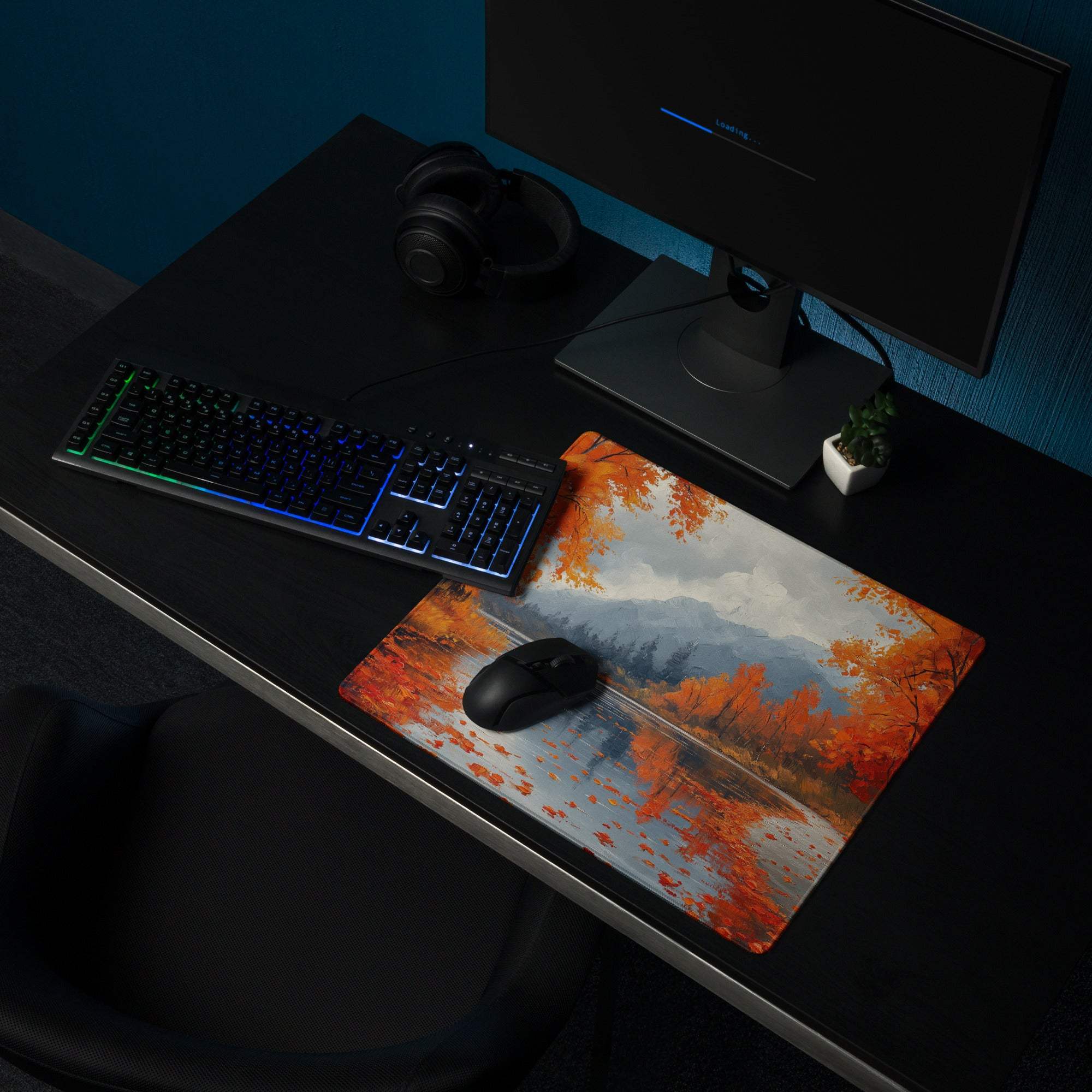 Oil painted autumn forest gaming mouse pad with trees reflecting on water