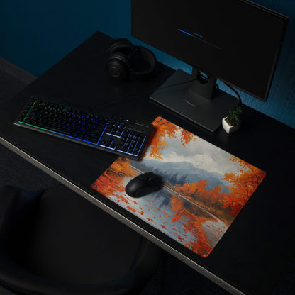 Oil painted autumn forest gaming mouse pad with trees reflecting on water
