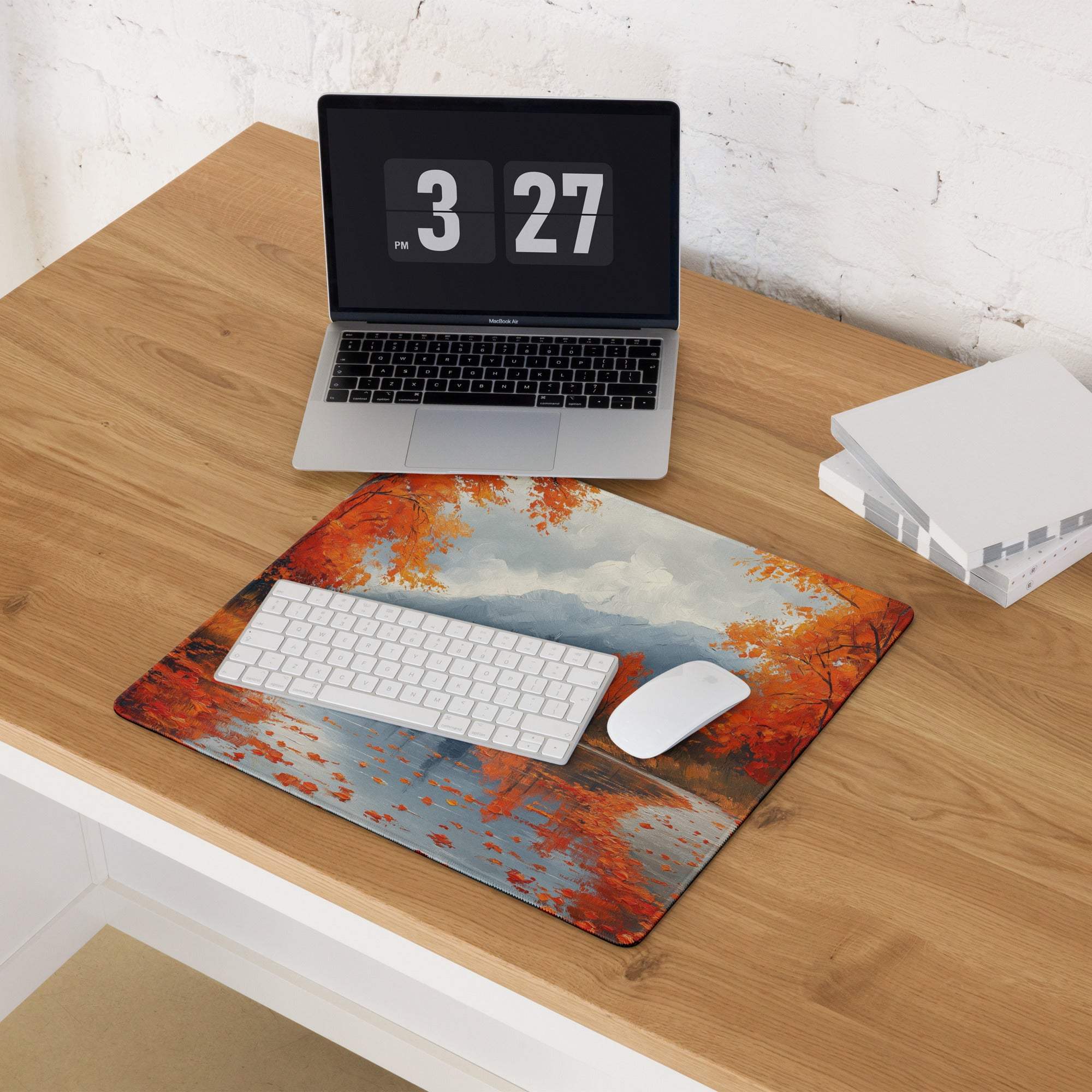 Oil painted autumn forest gaming mouse pad with vibrant orange foliage, non-slip backing, large edge stitching