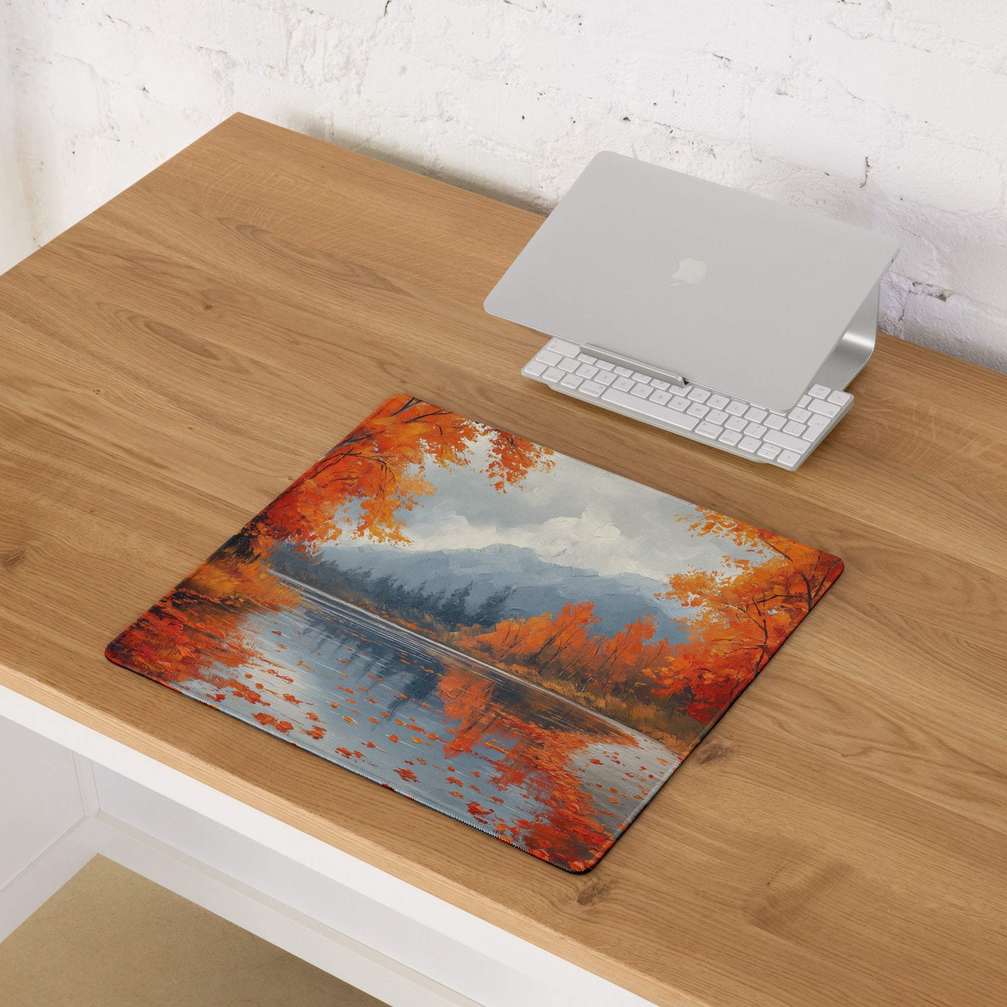 Oil painted autumn forest gaming mouse pad with orange trees reflection