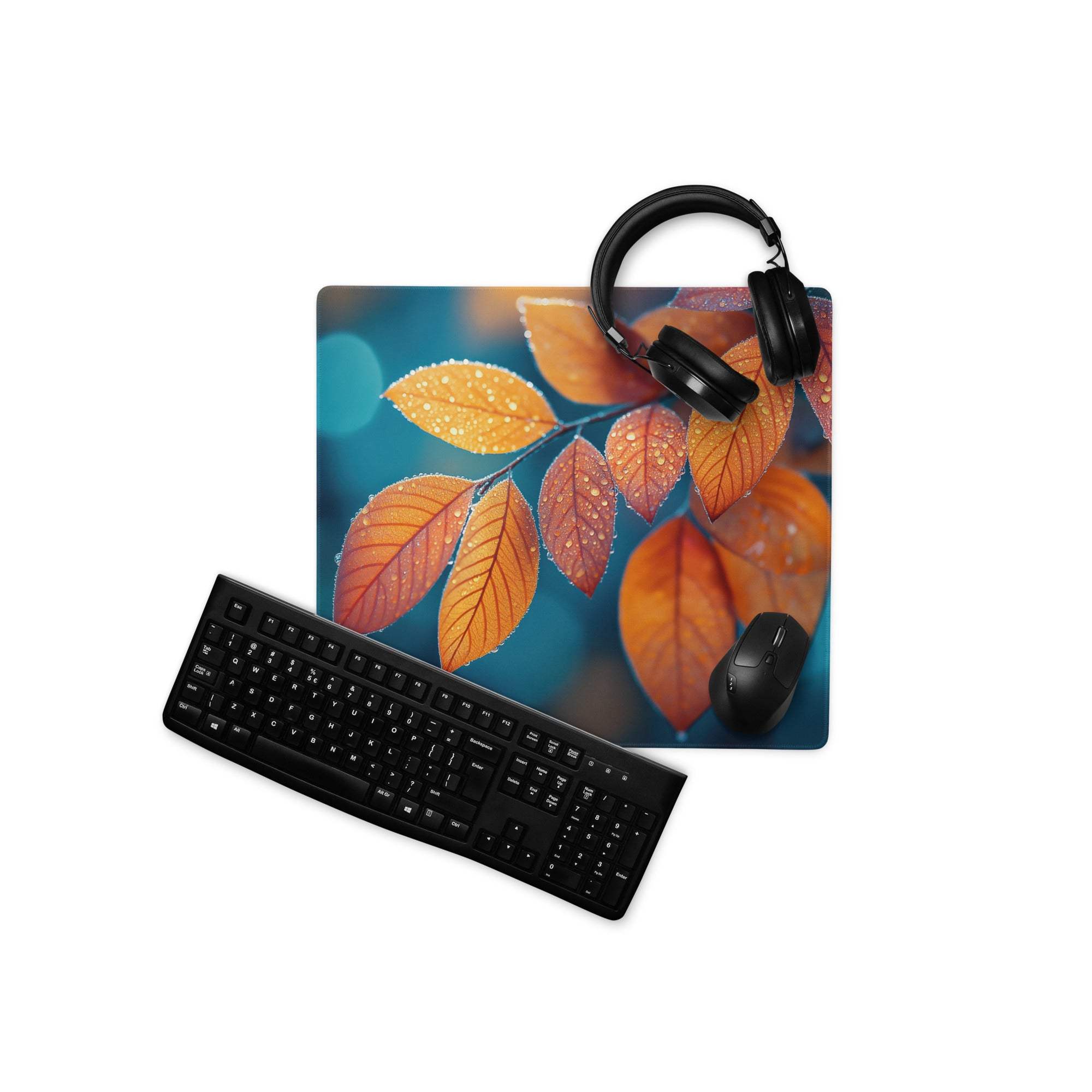 Autumn leaves gaming mouse pad large non-slip orange blue with headphones