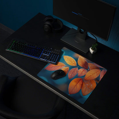 Large Autumn Leaves gaming mouse pad with orange-red design on teal, non-slip stitched edges