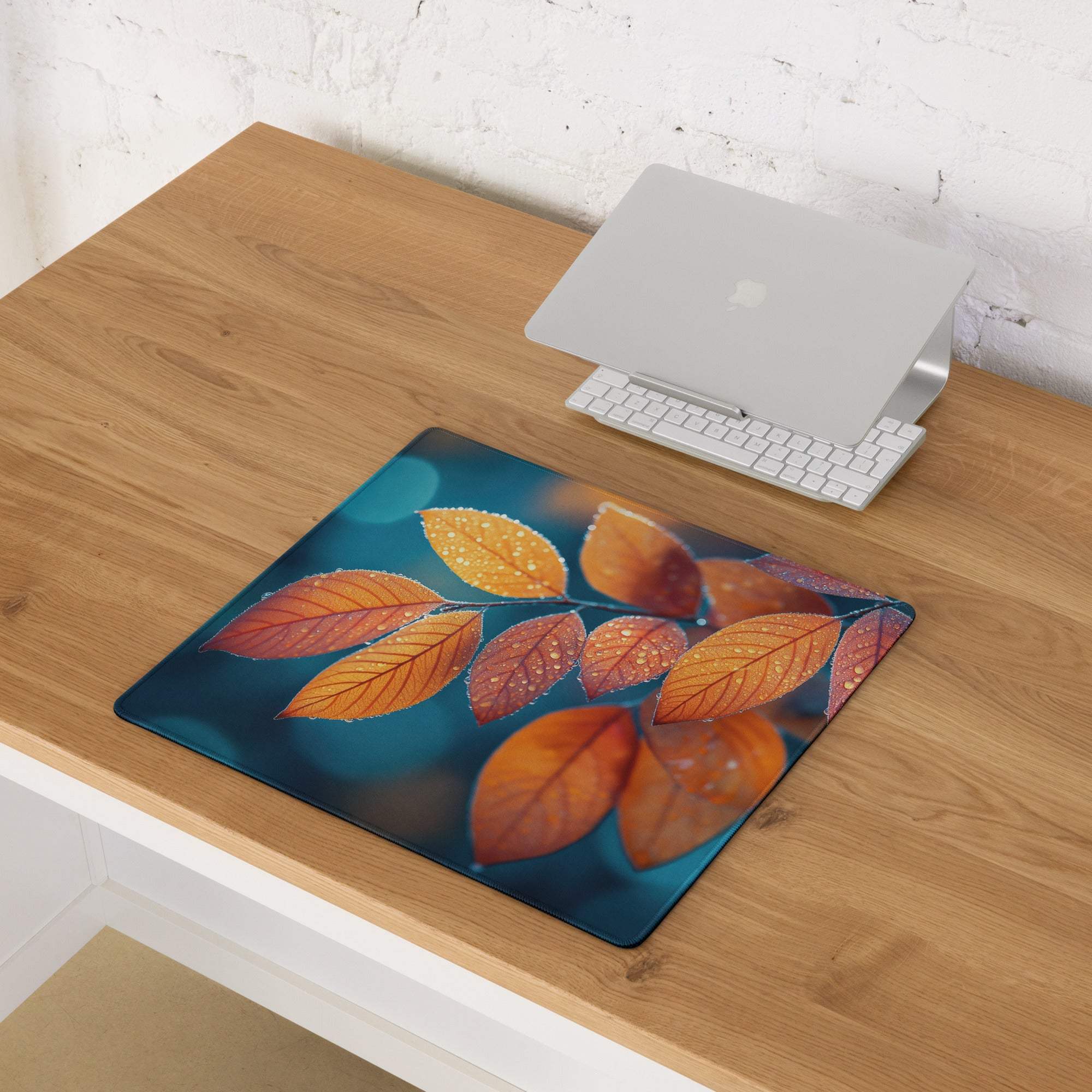 Autumn Leaves gaming mouse pad with vibrant orange red leaves on teal non-slip surface