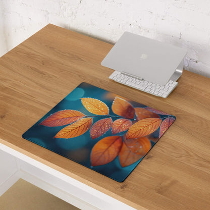 Autumn Leaves gaming mouse pad with vibrant orange red leaves on teal non-slip surface