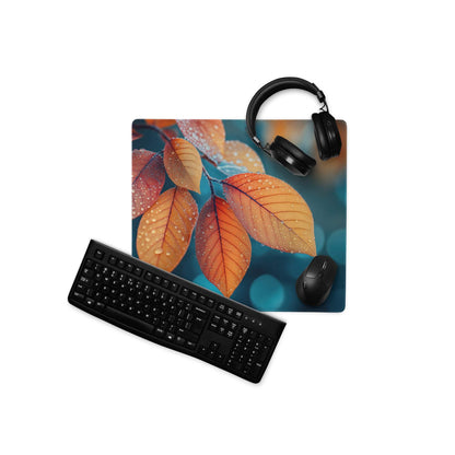 Autumn leaves gaming mouse pad with vibrant orange leaves, water droplets, teal bokeh, non-slip base