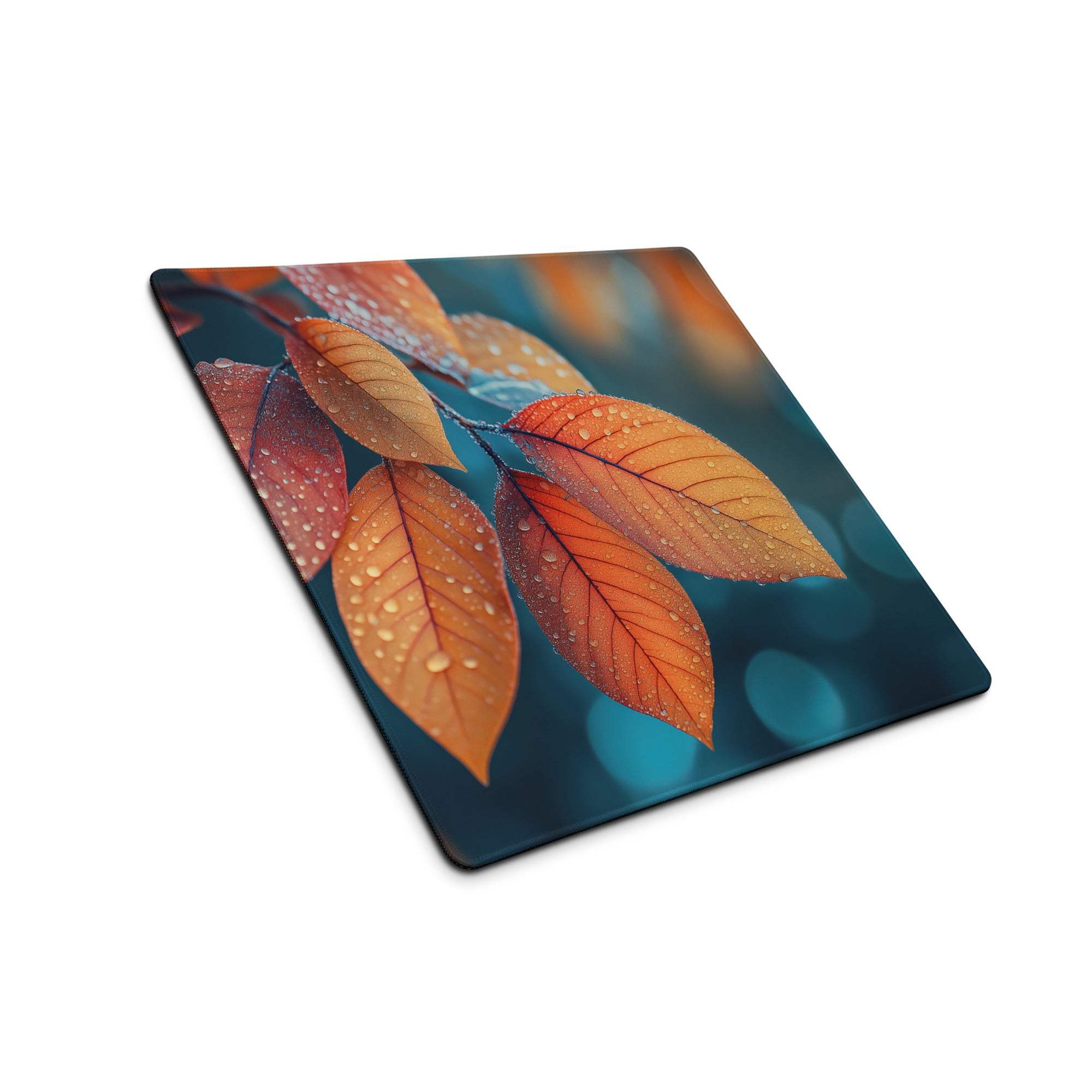 Autumn Leaves Mood gaming mouse pad with orange leaves, dewdrops, non-slip base