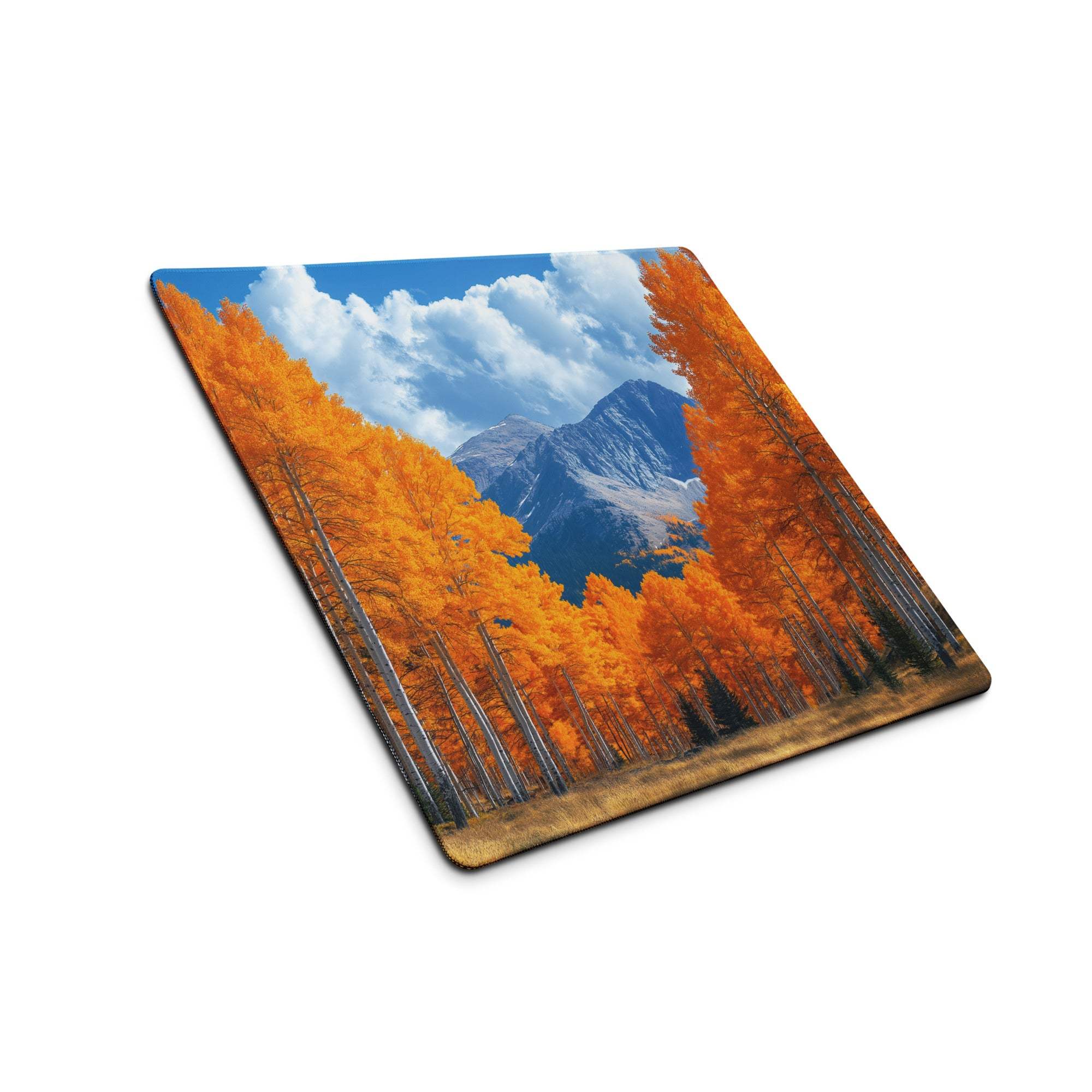 Large nature-inspired autumn forest orange gaming mouse pad with non-slip base