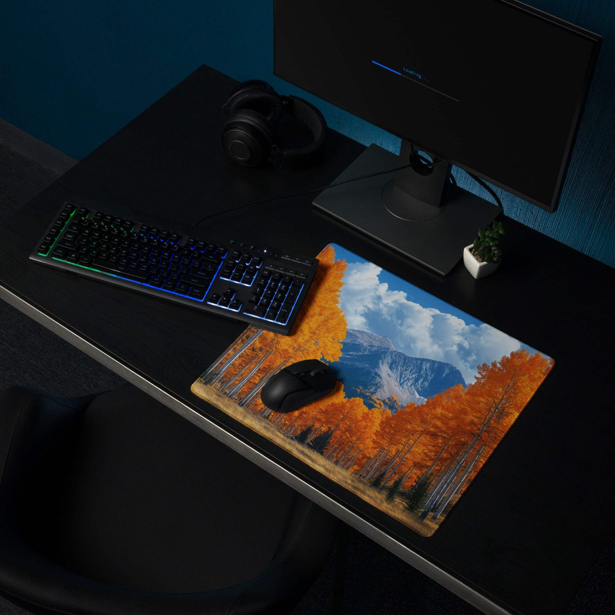 Autumn forest mountain landscape on large orange gaming mouse pad