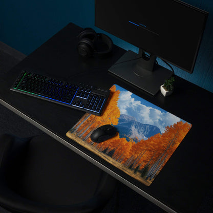 Autumn forest mountain landscape on large orange gaming mouse pad
