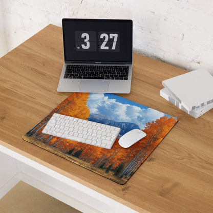 Nature inspired autumn forest orange gaming mouse pad with non-slip base