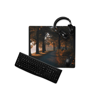 Black matte qwerty keyboard on autumn forest path gaming mouse pad