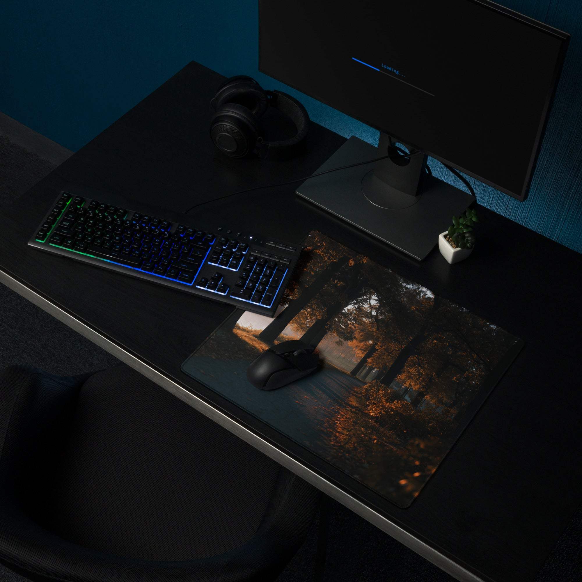 Large gaming mouse pad with autumn forest path, warm glow, non-slip backing
