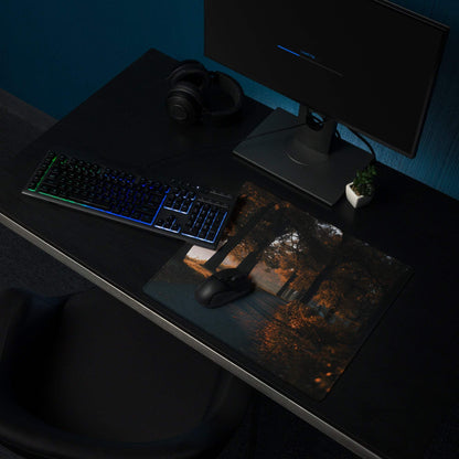 Large gaming mouse pad with autumn forest path, warm glow, non-slip backing