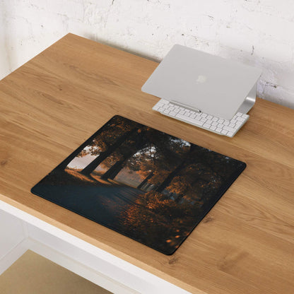 Large gaming mouse pad with autumn forest path, golden leaves, non-slip backing