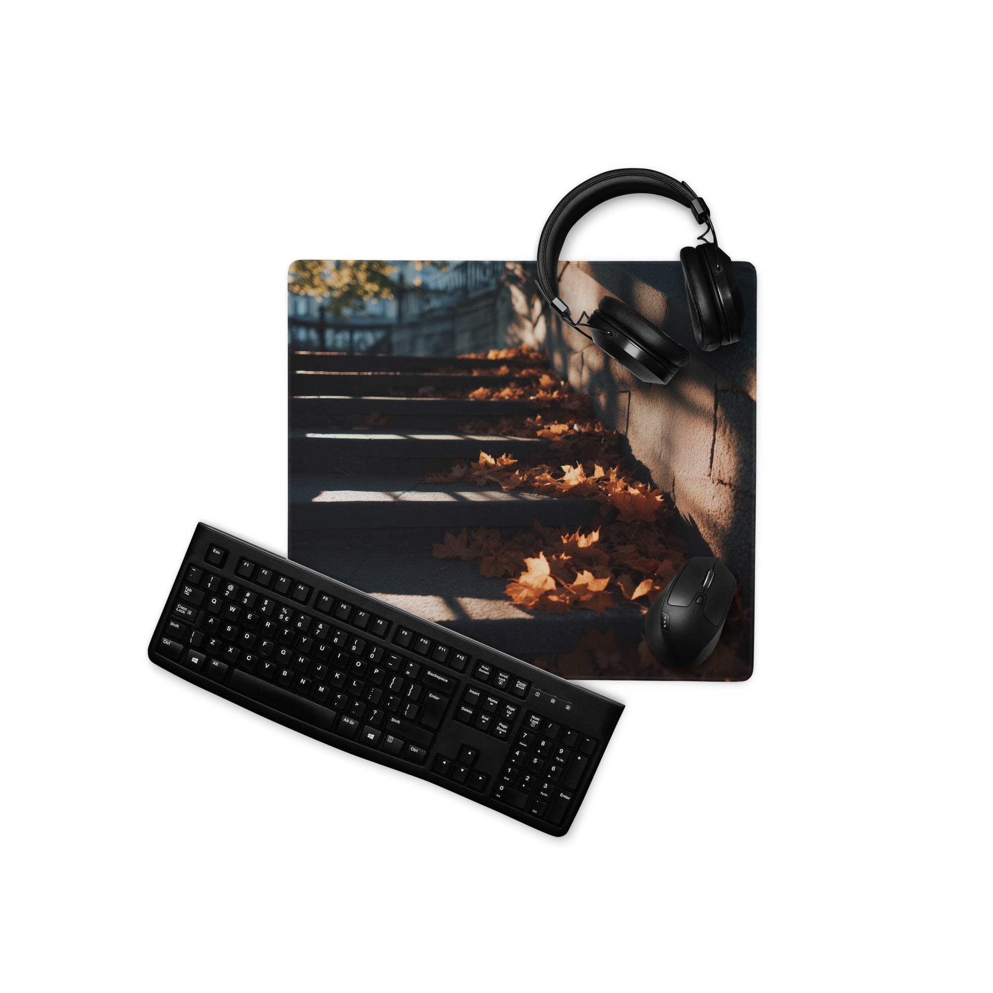 Black matte QWERTY keyboard on Urban Dusk gaming mouse pad