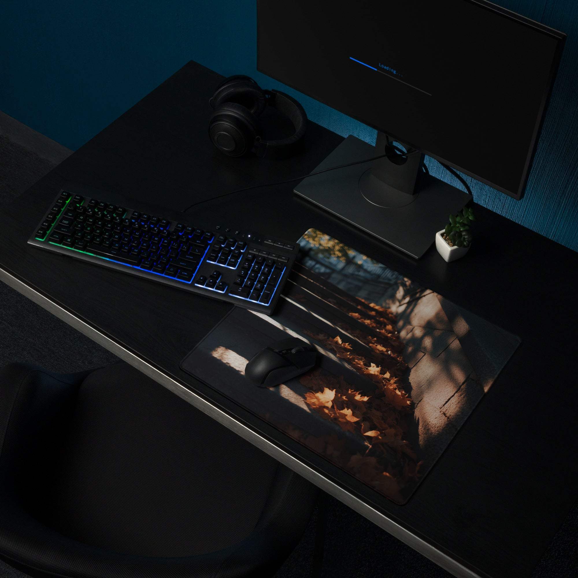 Urban Dusk autumn forest gaming mouse pad with warm leaves, non-slip base